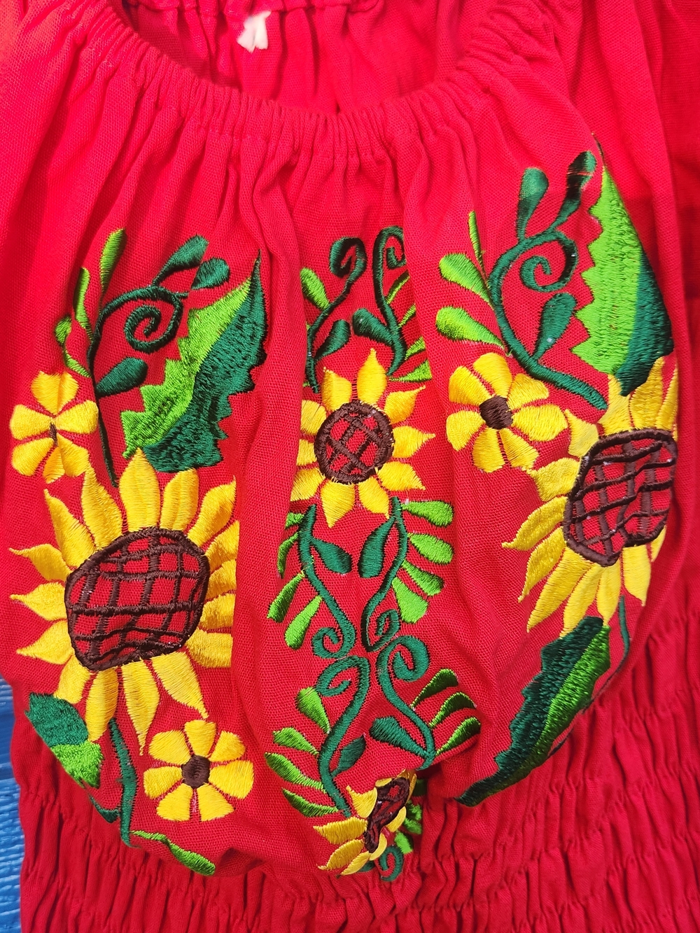 Red Embroidered Peasant Top with Sunflower Detail - Picture 2 of 7